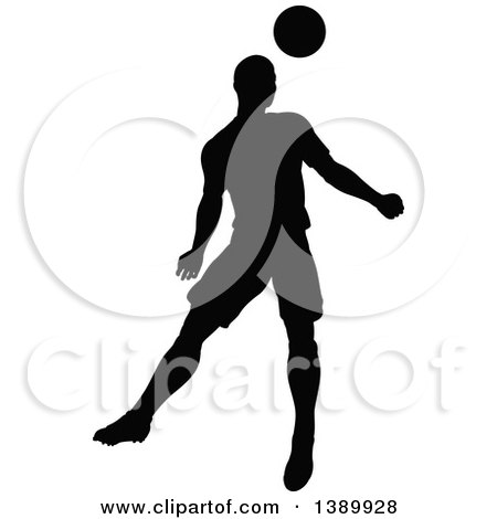 Clipart of a Black Silhouetted Male Soccer Player Heading a Ball - Royalty Free Vector Illustration by AtStockIllustration
