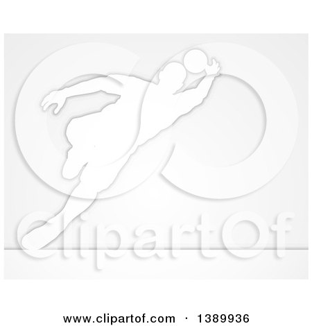 Clipart of a White Silhouetted Male Soccer Player Goal Keeper in Action, over Gray - Royalty Free Vector Illustration by AtStockIllustration