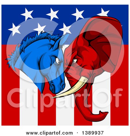 Clipart of a Political Aggressive Democratic Donkey or Horse and Republican Elephant Butting Heads over an American Flag - Royalty Free Vector Illustration by AtStockIllustration