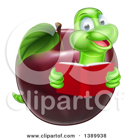 Clipart of a Cartoon Happy Green Book Worm Reading and Emerging from a Red Apple - Royalty Free Vector Illustration by AtStockIllustration
