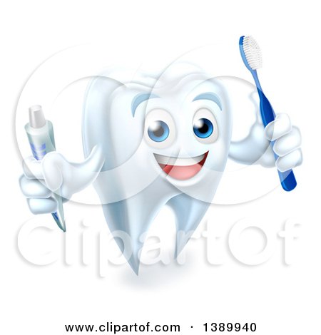 Clipart of a 3d Happy White Tooth Character Smiling, Holding a Toothbrush and Tube of Toothpaste - Royalty Free Vector Illustration by AtStockIllustration