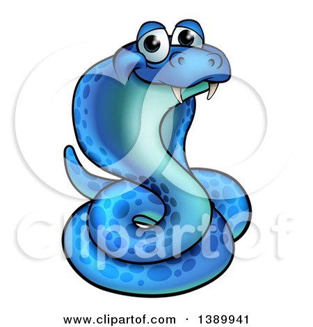 Clipart of a Cartoon Happy Blue Coiled Cobra Snake - Royalty Free Vector Illustration by AtStockIllustration