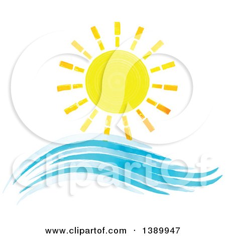 Clipart of a Watercolor Sun Shining over Waves - Royalty Free Vector Illustration by KJ Pargeter