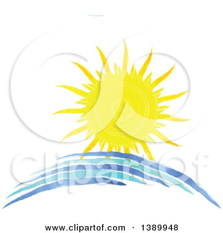 Clipart of a Watercolor Sun Shining over Waves - Royalty Free Vector Illustration by KJ Pargeter