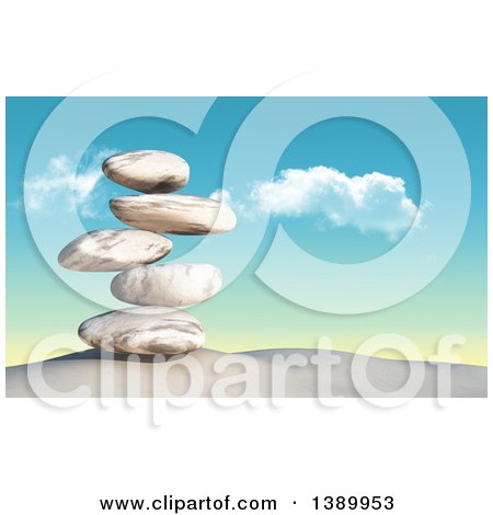Clipart of a 3d Stack of Balanced Stones on Sand Against Sky - Royalty Free Illustration by KJ Pargeter