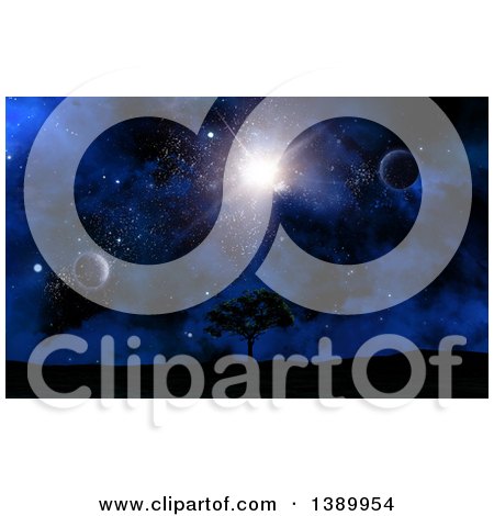 Clipart of a 3d Silhouetted Landscape with Stars, a Burst and Planets in the Night Sky - Royalty Free Illustration by KJ Pargeter