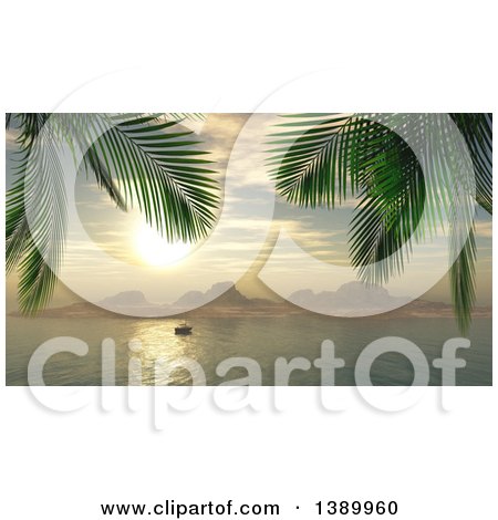 Clipart of a 3d Yacht in a Bay at Sunset, with Palm Trees Framing the Scene - Royalty Free Illustration by KJ Pargeter