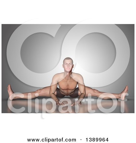 Clipart of a 3d Fit Yoga Caucasian Man Doing the Splits, on Gray - Royalty Free Illustration by KJ Pargeter