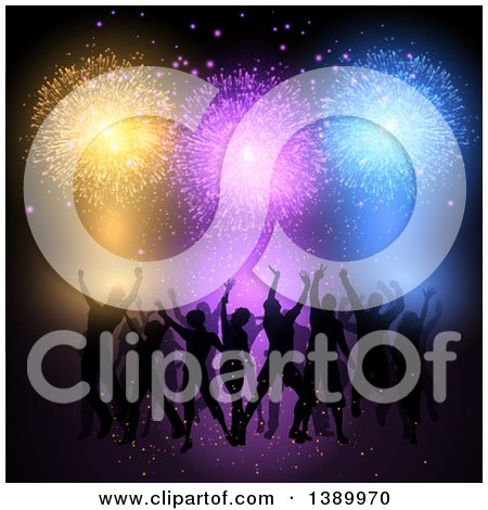 Clipart of a Silhouetted Crowd of People Dancing Under Colorful Fireworks - Royalty Free Vector Illustration by KJ Pargeter