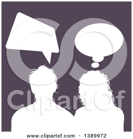 Clipart of a White Silhouetted Couple Talking over Purple - Royalty Free Vector Illustration by KJ Pargeter