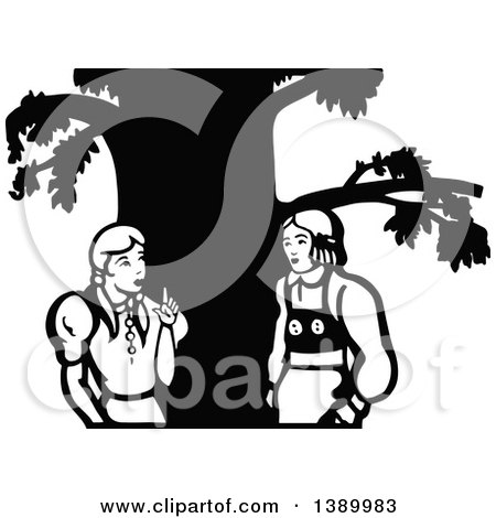 Clipart of a Vintage Black and White Couple Talking by a Tree - Royalty Free Vector Illustration by Prawny Vintage