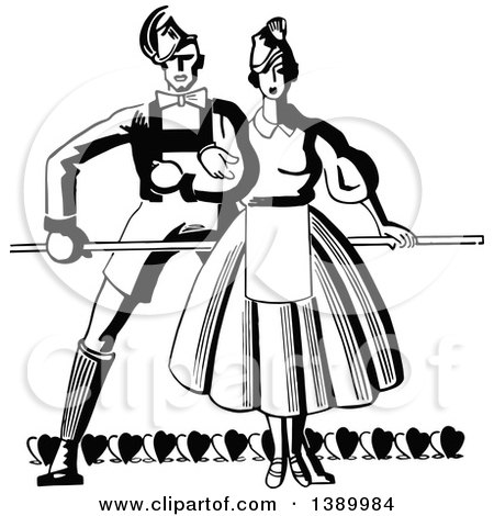 Clipart of a Vintage Black and White Couple with a Pole and Hearts - Royalty Free Vector Illustration by Prawny Vintage