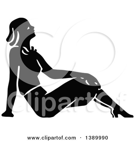 Clipart of a Vintage Black and White Woman Sitting on the Floor - Royalty Free Vector Illustration by Prawny Vintage