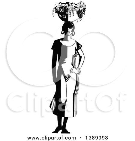 Clipart of a Vintage Black and White Woman Balancing a Basket of Plants on Her Head - Royalty Free Vector Illustration by Prawny Vintage