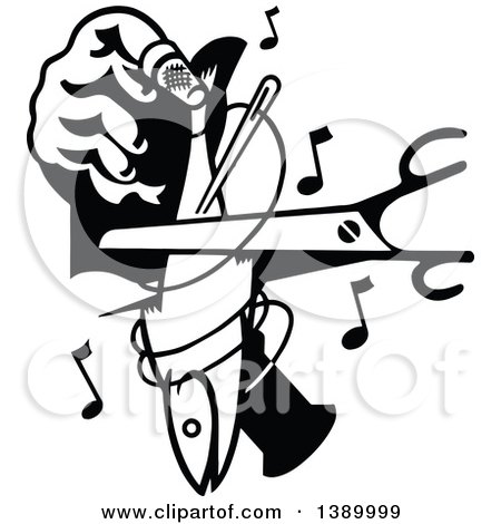 Clipart of a Vintage Black and White Hand Holding a Fish and Cutting, with Music Notes - Royalty Free Vector Illustration by Prawny Vintage