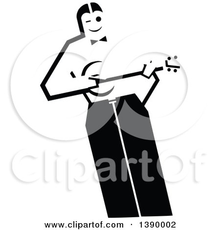 Clipart of a Vintage Black and White Man Playing a Banjo - Royalty Free Vector Illustration by Prawny Vintage