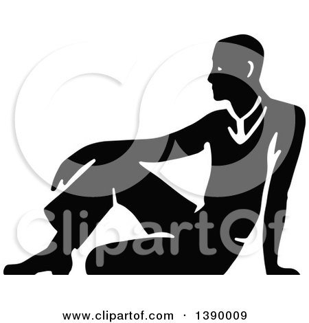 Clipart of a Vintage Black and White Man Sitting on the Floor - Royalty Free Vector Illustration by Prawny Vintage