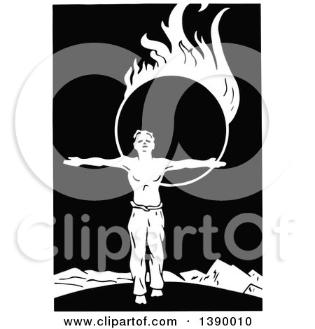Clipart of a Vintage Black and White Male Acrobat with a Ring of Fire - Royalty Free Vector Illustration by Prawny Vintage