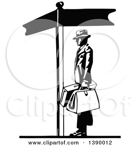 Clipart of a Vintage Black and White Man Holding Luggage by a Sign Post - Royalty Free Vector Illustration by Prawny Vintage