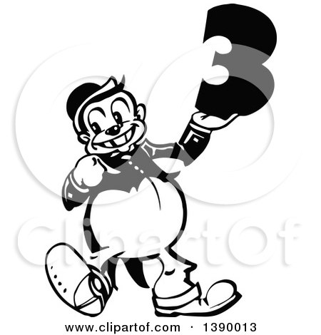 Clipart of a Vintage Black and White Man Holding Number Three - Royalty Free Vector Illustration by Prawny Vintage