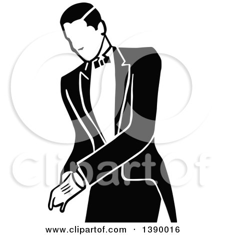 Clipart of a Vintage Black and White Gentleman in a Tuxedo - Royalty Free Vector Illustration by Prawny Vintage
