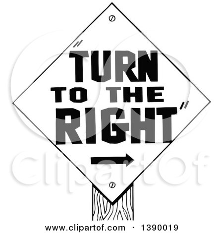 Clipart of a Vintage Black and White Turn to the Right Sign - Royalty Free Vector Illustration by Prawny Vintage