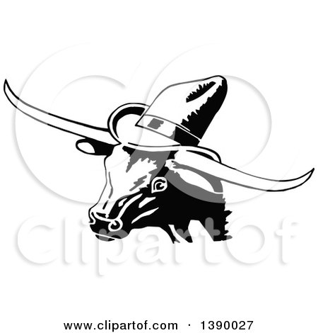 Clipart of a Vintage Black and White Longhorn Cow Wearing a Hat - Royalty Free Vector Illustration by Prawny Vintage