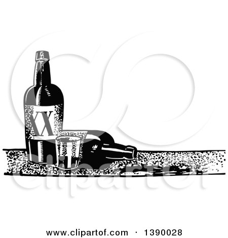 Clipart of a Vintage Black and White Cup and Bottles of Alcohol - Royalty Free Vector Illustration by Prawny Vintage