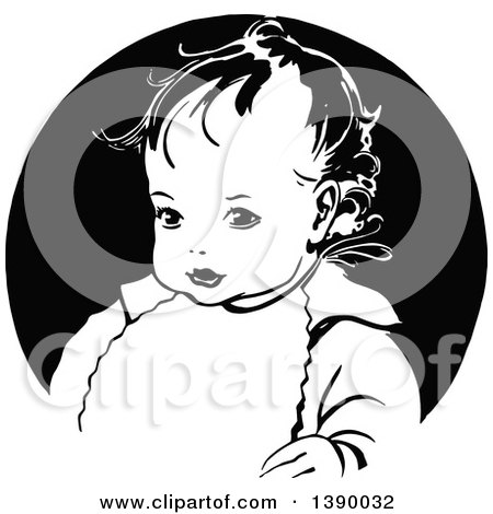 Clipart of a Vintage Black and White Baby Wearing a Bib - Royalty Free Vector Illustration by Prawny Vintage