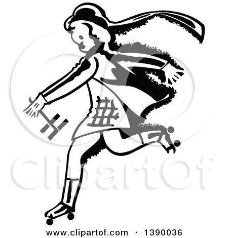 Clipart of a Vintage Black and White Girl Roller Skating - Royalty Free Vector Illustration by Prawny Vintage