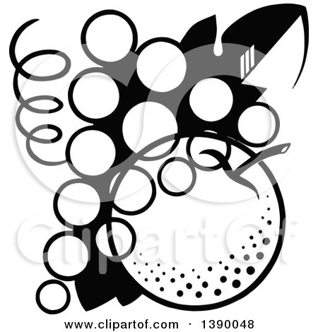 Clipart of a Vintage Black and White Bunch of Grapes and Apple - Royalty Free Vector Illustration by Prawny Vintage