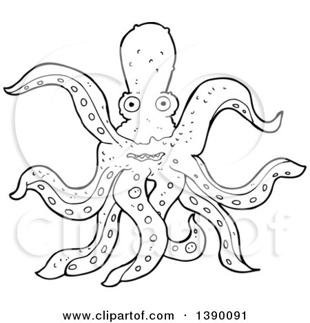 Clipart of a Black and White Lineart Octopus - Royalty Free Vector Illustration by lineartestpilot
