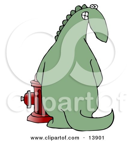 Mischievous Green Dinosaur Looking Back Over His Shoulder and Grinning While Peeing on a Fire Hydrant Clipart Illustration by djart