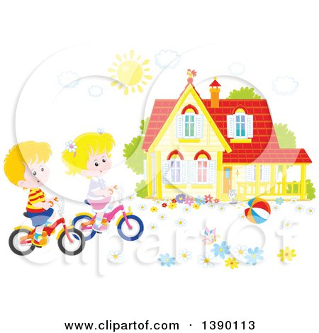 Clipart of a Caucasian Boy and Girl Riding Bikes in Front of Their Home on a Spring Day - Royalty Free Vector Illustration by Alex Bannykh
