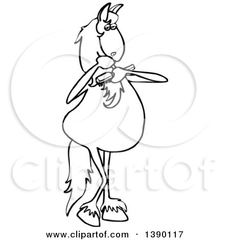 Clipart of a Cartoon Black and White Lineart Horse Combing Its Mane - Royalty Free Vector Illustration by djart