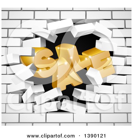 Clipart of a 3d Word, SALE, Crashing Through a White Brick Wall - Royalty Free Vector Illustration by AtStockIllustration