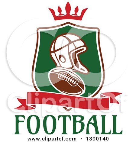 Clipart of a Helmet and Football in a Shield with a Crown and Blank Banner over Text - Royalty Free Vector Illustration by Vector Tradition SM