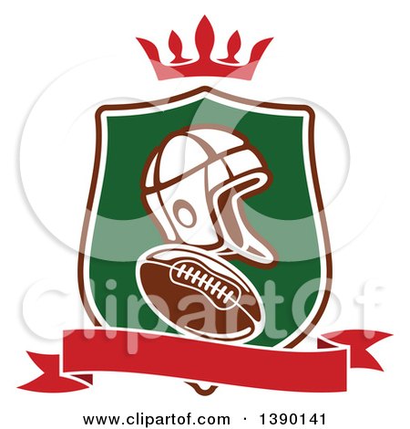 Clipart of a Helmet and Football in a Shield with a Crown and Blank Banner - Royalty Free Vector Illustration by Vector Tradition SM