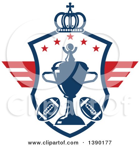Clipart of a Trophy with Footballs in a Shield with Stars, Crown and Wings - Royalty Free Vector Illustration by Vector Tradition SM