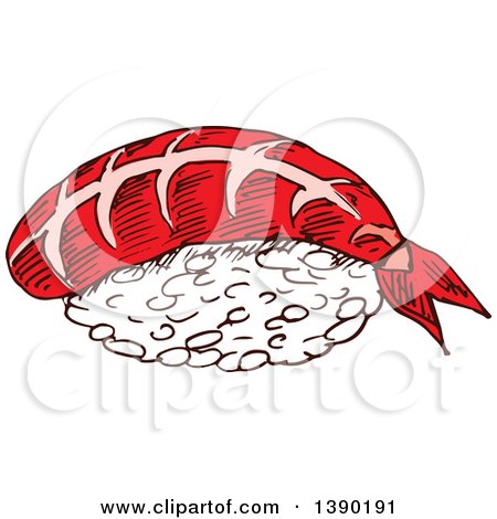 Clipart of a Sketched Piece of Nigiri Sushi with Shrimp - Royalty Free Vector Illustration by Vector Tradition SM