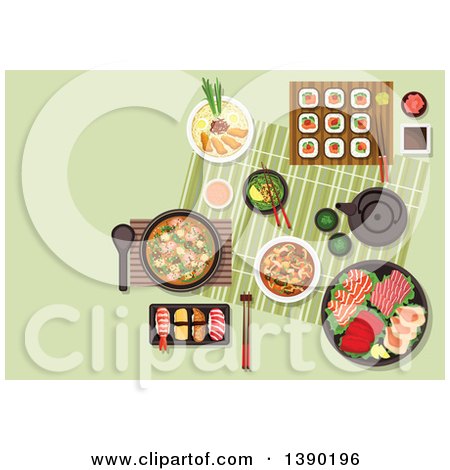 Clipart of Fresh Japanese Cuisine with Maki and Nigiri Sushi, Sashimi Set with Salmon Teriyaki, Tuna, Cuttlefish and Scallops, Miso Soup with Fried Pork, Green Tea and Soup with Tofu and Shrimps, Beef with Mushrooms and Vegetables, Sauces and Condiments by Vector Tradition SM