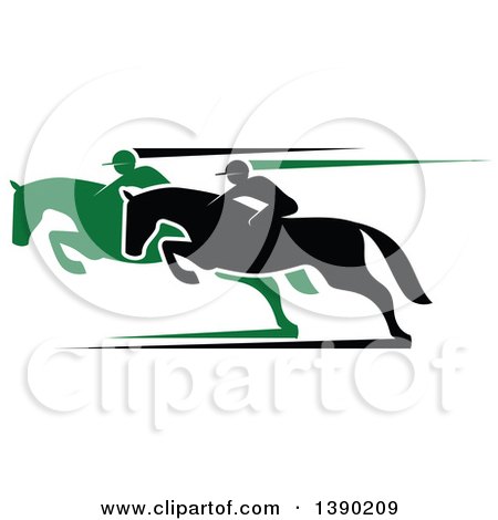 Clipart of Black and Green Silhouetted Jockeys Racing Horses - Royalty Free Vector Illustration by Vector Tradition SM