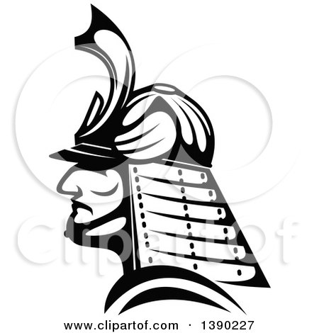 Clipart of a Black and White Profiled Japanese Samurai Warrior - Royalty Free Vector Illustration by Vector Tradition SM