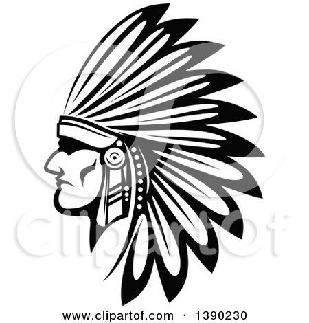 Clipart of a Black and White Profiled Native American Indian Warrior - Royalty Free Vector Illustration by Vector Tradition SM
