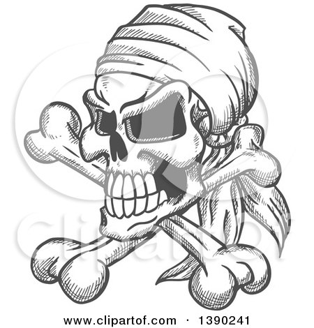 Clipart of a Sketched Gray Pirate Skull with Crossed Bones and a Bandana - Royalty Free Vector Illustration by Vector Tradition SM