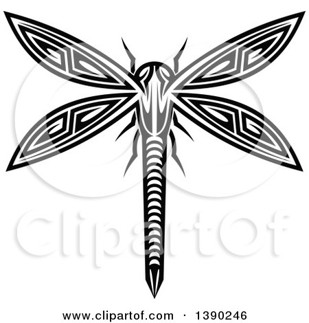 Clipart of a Black and White Tribal Styled Dragonfly - Royalty Free Vector Illustration by Vector Tradition SM