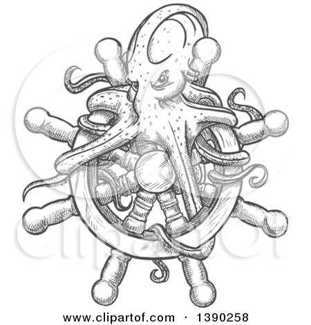 Clipart of a Gray Sketched Octopus on a Ship Steering Wheel Helm - Royalty Free Vector Illustration by Vector Tradition SM