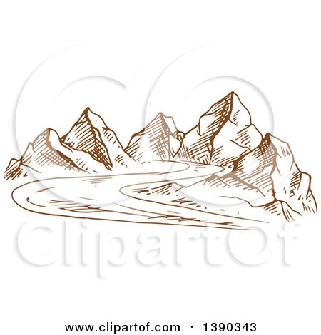 Clipart of a Sketched Landscape of Mountains and a Road - Royalty Free Vector Illustration by Vector Tradition SM