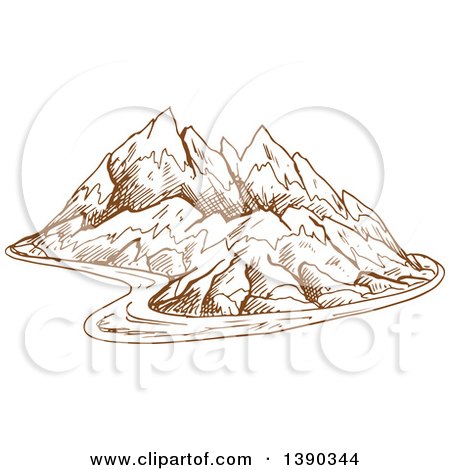 Clipart of a Sketched Landscape of Mountains and a Road - Royalty Free Vector Illustration by Vector Tradition SM