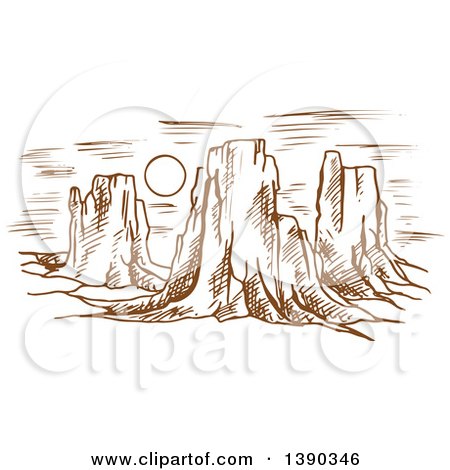 Clipart of a Sketched Landscape of Rocky Formations or Mountains and the Sun - Royalty Free Vector Illustration by Vector Tradition SM